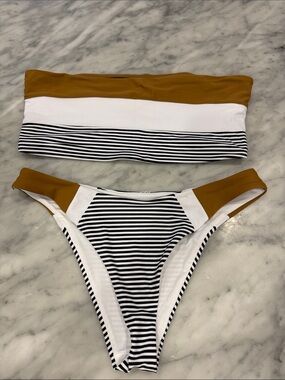 Forever 21 Black & White Striped Bikini with Mustard Accents